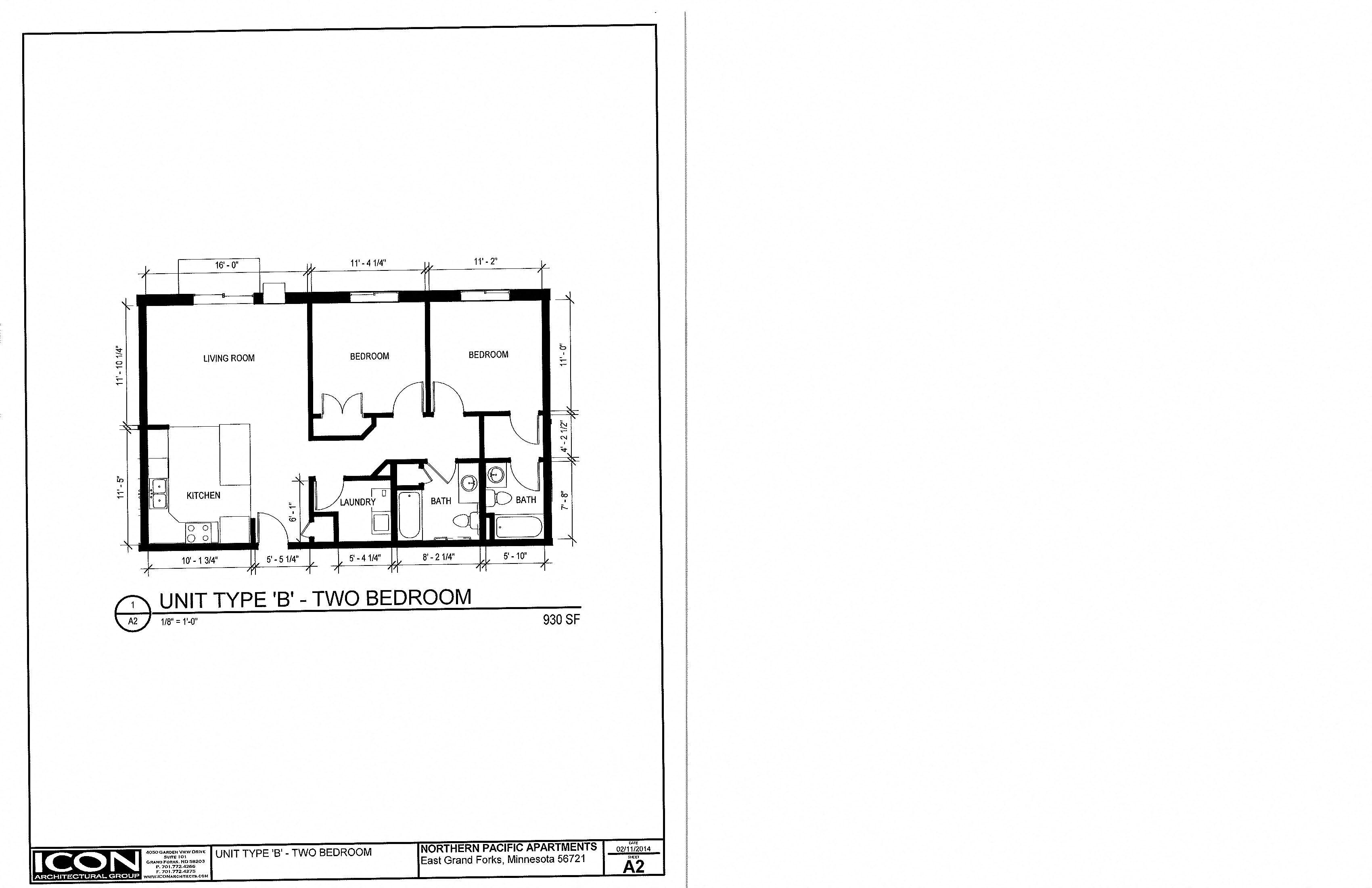 Floor plan for 2 beds, 2 baths, 930 sqft